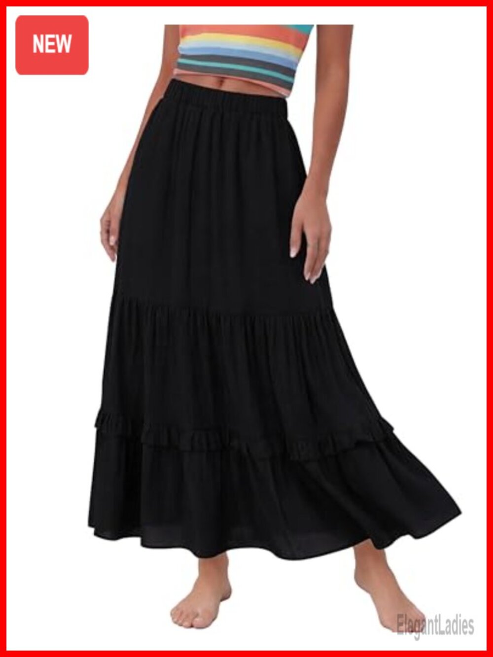 Annebouti Women's Ruffle Tiered A-Line Maxi Skirt Elastic Waist